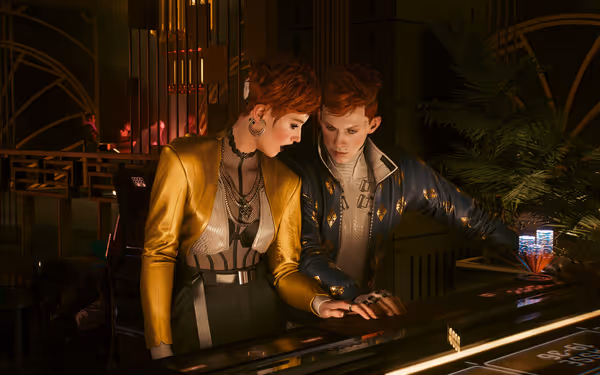 Two stylish red-haired figures stand close at a futuristic casino table, examining controls.