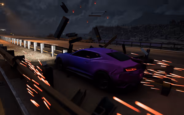 A purple car crashes through a guardrail at night, surrounded by flying debris and sparks.