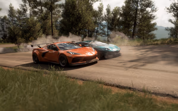 Two supercars drifting on a forest road, leaving trails of smoke on a sunny day.