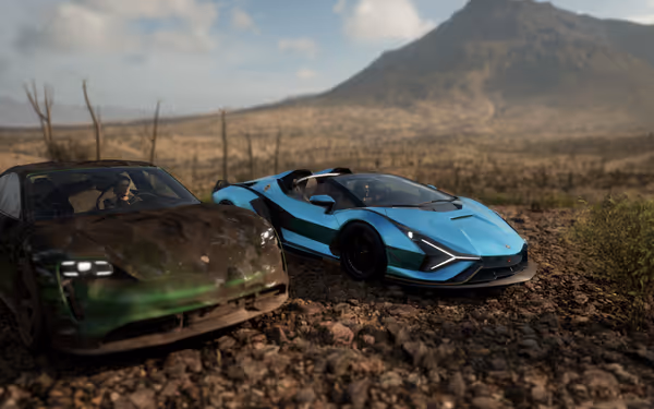 A green sports car with black shade and rippling effect, and a blue sports car on rocky terrain.