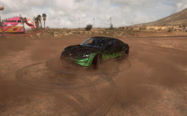Green and black sports car drifting on dirt, dust clouds, tire marks.