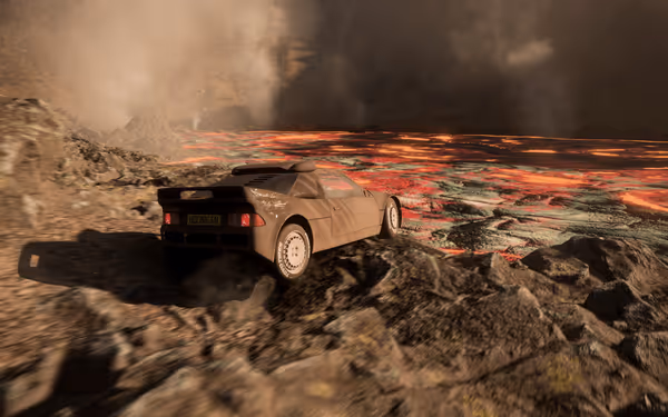 Dusty car on rocky terrain near lava flow with rising smoke