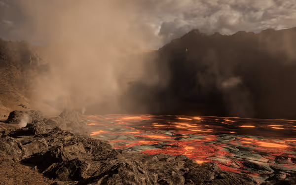 Lava lake with rocky shore, steam, and mountains under cloudy sky.
