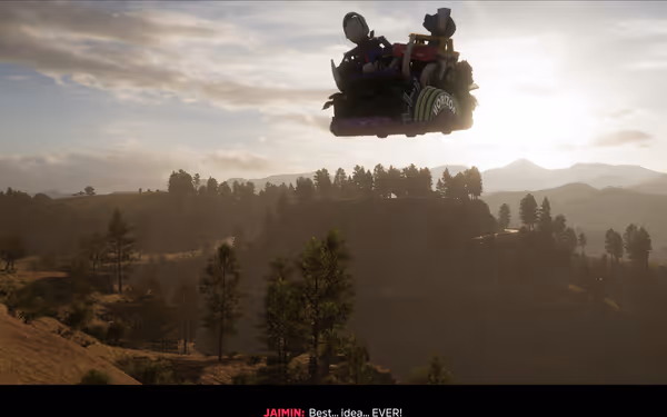 A floating platform with a tractor and two figures above a forested landscape.