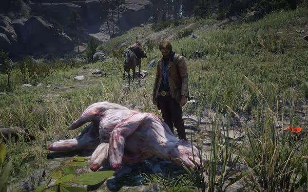 A male character stands next to a skinned animal in a grassy landscape with a horse in the background.