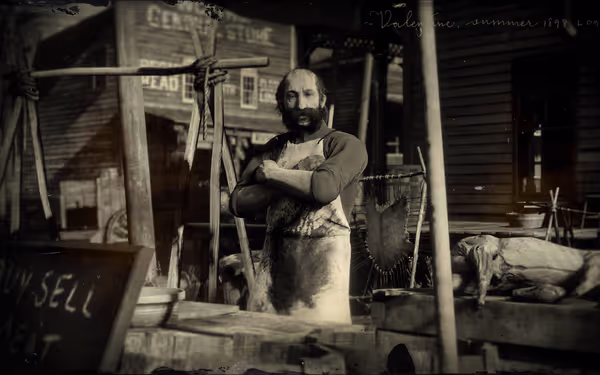 Portrait of a butcher in a vintage setting, surrounded by his trade tools and meat products.