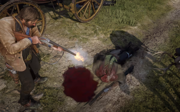 A man fires a shotgun at a headless figure on a blood-stained ground.