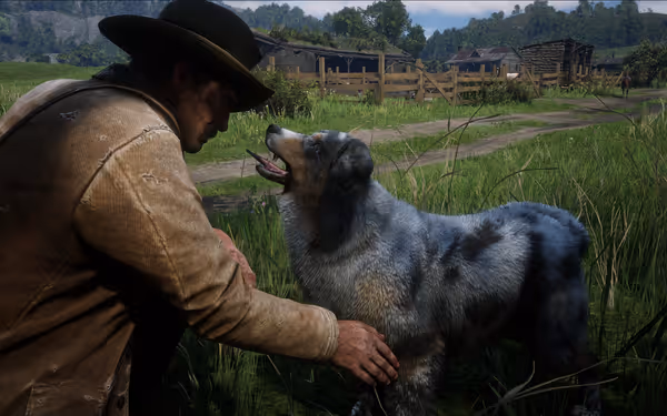 A male character interacts with a dog in a rural environment.