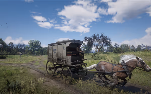 A male character drives a horse-drawn milk delivery wagon through a rural setting.