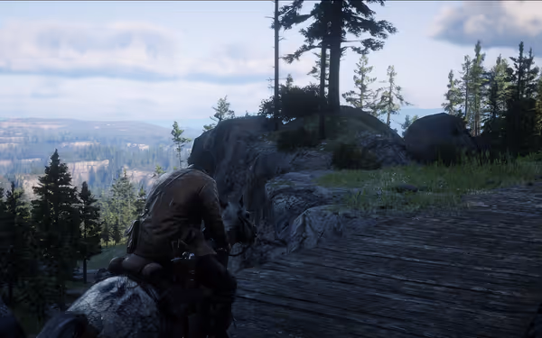 A male character on horseback crossing a wooden path in a scenic mountainous area.