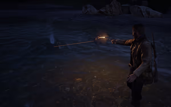 A male character fires at a man in the water, sparks illuminating the darkened scene.