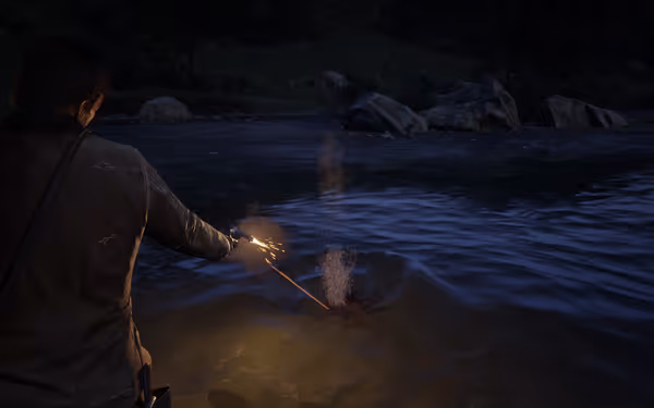 A male character firing at a submerged figure in the water, with sparks lighting up the rippling surface.