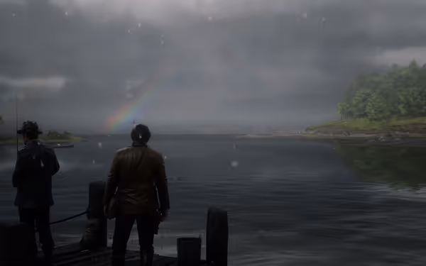 Two male characters stand on a dock in the rain, overlooking a lake with a rainbow.