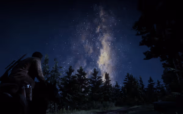 A male character with a rifle sits on a horse, gazing at the night sky filled with stars above a forest.