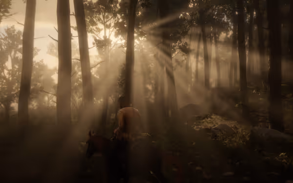 A rider on horseback moves through a forest as sunlight streams through the trees.