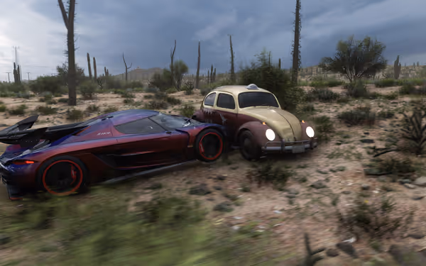 A purple sports car collides with a vintage yellow taxi in a desert landscape.