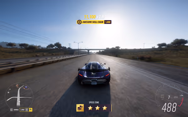 A purple sports car speeds on a highway, showing 488 km/h and a skill chain bonus.