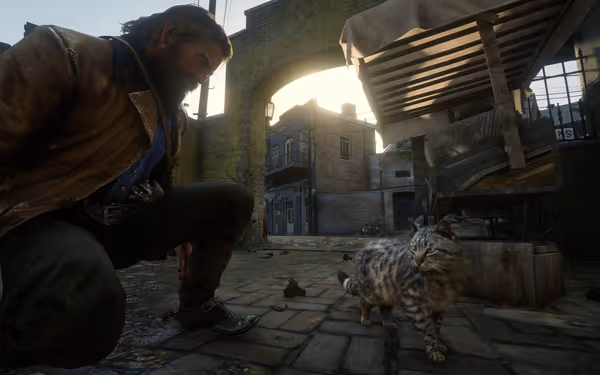 A male character crouches near a cat in a sunlit alleyway.