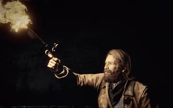 A male character fires a revolver, the muzzle flash illuminating the darkness around him.