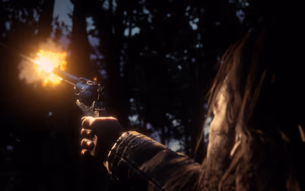 A male character fires a revolver upward at night, the muzzle flash illuminating his figure and the surrounding forest.