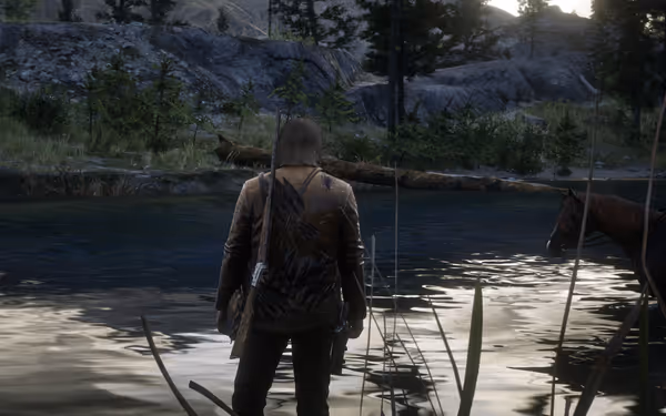 A male character stands by a calm river with a rifle, a horse nearby, and hills in the background.