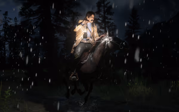 A male character on horseback holding a lantern amidst falling snow in a dark forest on a snowy night.