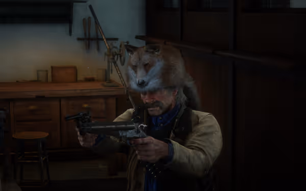 A male character in fox headgear holds two revolvers inside a dark room.