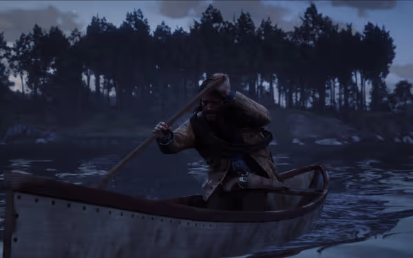 A male character in a rugged leather coat paddles a wooden canoe across a calm, forest-lined river under a dim, cloudy sky.