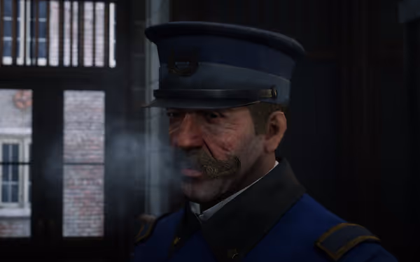 A character in a hat and blue coat stands in a dark room, releasing smoke from his mouth.