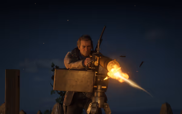 A character fires a mounted machine gun at night, flames bursting from the barrel.
