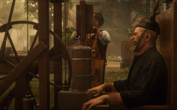 A character in black attire sits on a wooden chair, their wrists secured with restraints, while another character operates a machine in a foggy outdoor setting.