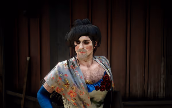 A character in floral-patterned attire with dramatic makeup.