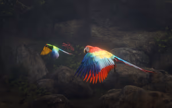 Colorful parrots flying over rocks in dense, dark forest.