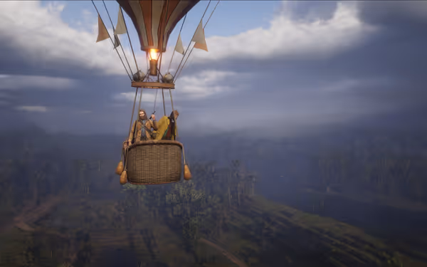 Hot air balloon with two people flying over a forested landscape under cloudy skies.