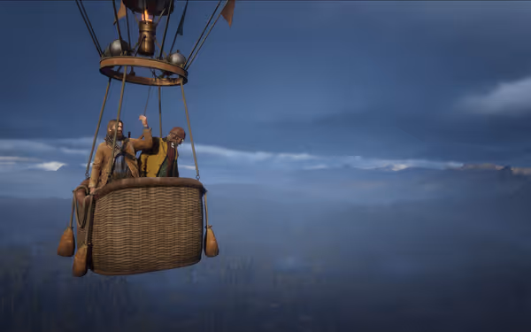 Hot air balloon with two people, cloudy sky, mountains in the distance.