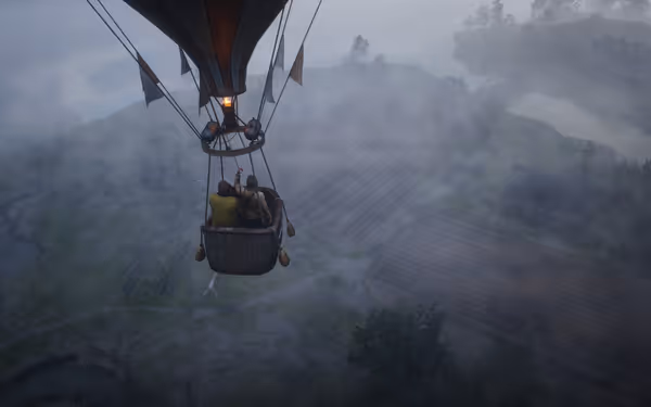 Hot air balloon with two people, foggy landscape, fields, and water.