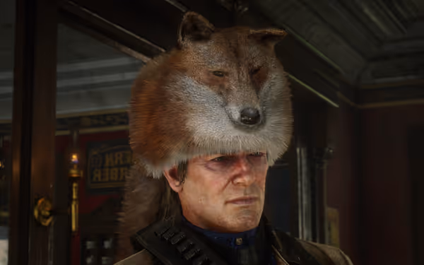 Person with wolf headdress standing near window, wall lamps in the background.