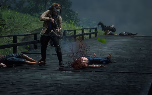 A man wearing a bear mask shoots on a wooden bridge with bodies around