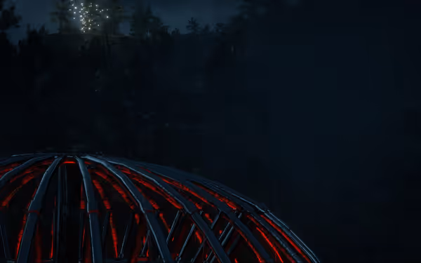 Metallic dome with red lights, glowing tree on hill in background.