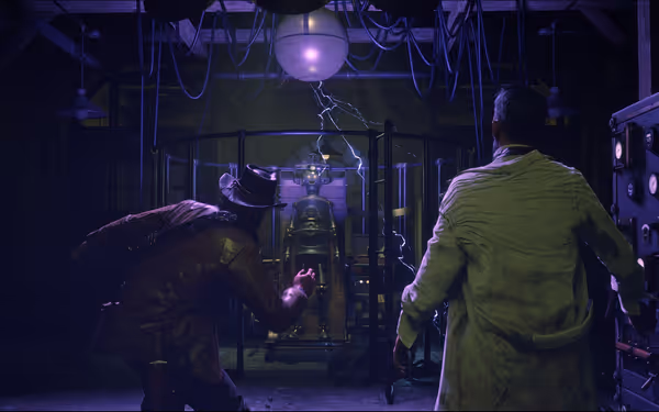 Two men in lab with robot, electricity, and control panels.