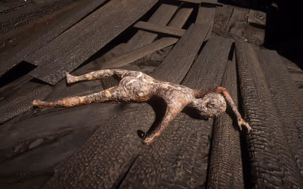 Burned corpse lying on charred wooden planks, arms outstretched.