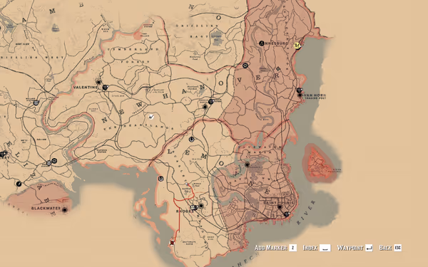 Map with towns, roads, rivers, and markers in a game interface.