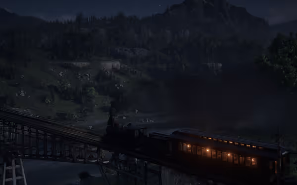 Steam train crossing bridge at night, smoke rising, glowing windows, forested mountains in background