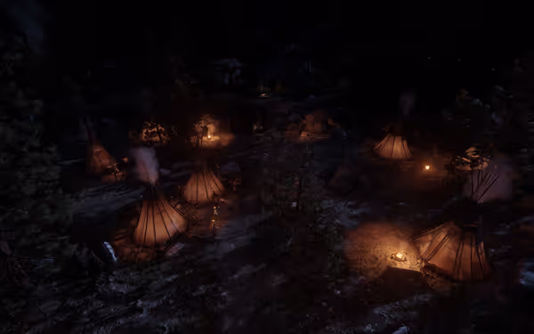Tents and campfires in a dark forest at night with glowing light.