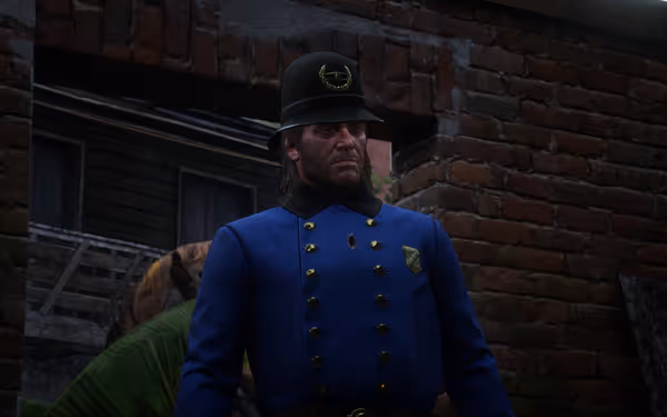 Person in blue uniform, gold buttons, badge, brick wall background.