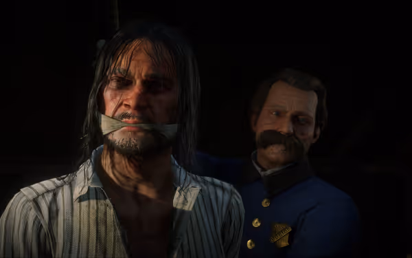 Man with gag over mouth, another man in uniform standing behind him indoors.