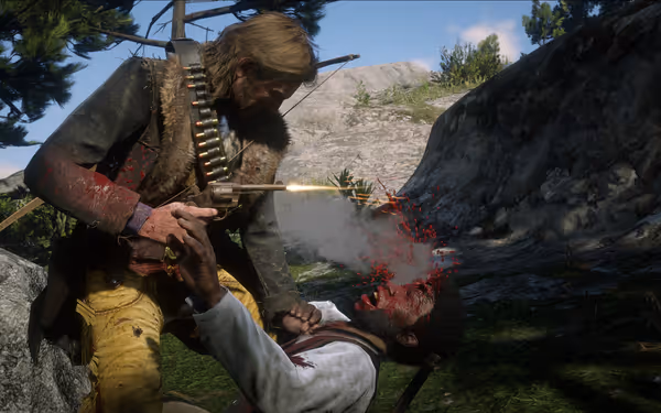 A man shoots another in the head, blood splattering in the action