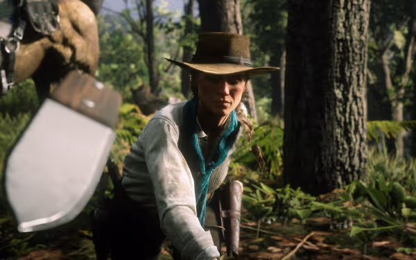 A person in a forest throwing a knife, with a horse in the background