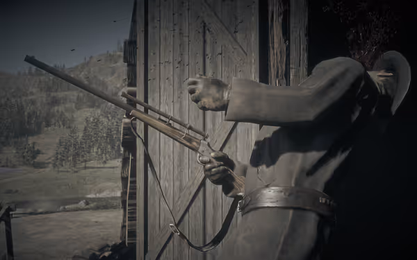 A gunman aims a rifle through a barn door, blood splattering from his head.