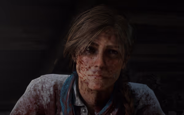 A character with brown hair, blood-stained clothes, and a blood-streaked face